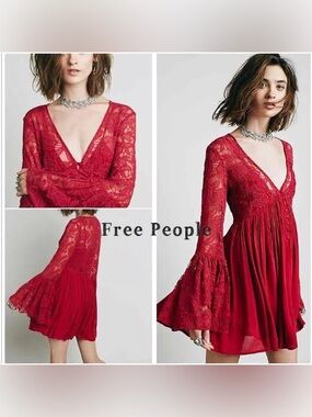 ❤️ Free People With Love From India🐘 ✨ Red Lace Bell Sleeve Mini Dress Size S
🪬🌙